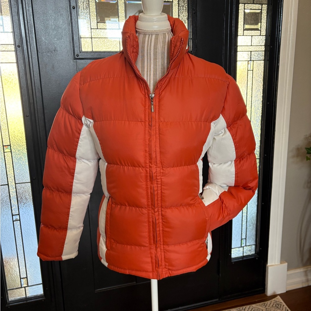 Women’s Small Snow Puffer Jacket, orange and white